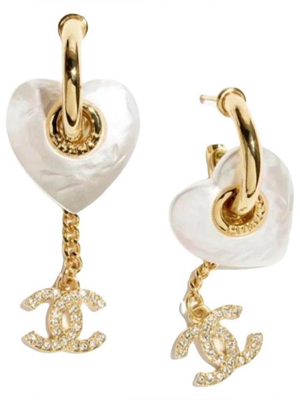 Double C White Heart Crystal Accents Gold-Tone Dangle Earrings